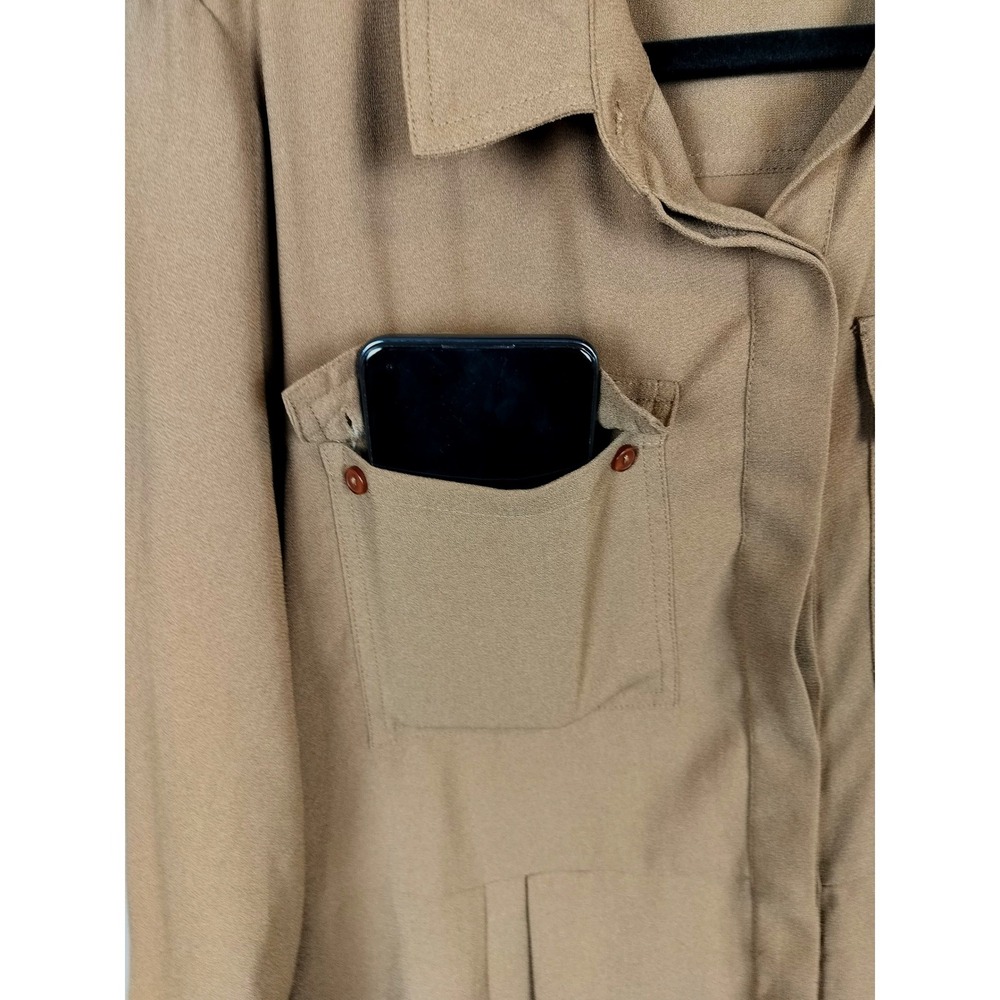 Brown Crepe Utility Midi Shirtdress Tan Wardrobe Polyester Pocketed Long Sleeve - Picture 4 of 8